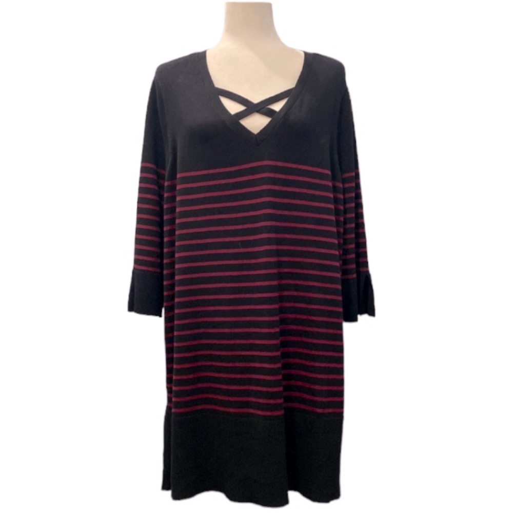 NEW! Roz & Ali Sweater Dress Criss-Cross Detail Black Burgundy Size 3X